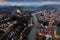 View from drone of Kutaisi with Cathedral of Dormition on spring twilight