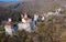 View from drone of Motsameta Monastery complex on rock, Georgia