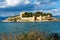 View from drone of Pigeon Island with medieval fort on Turkey Aegean coast in Kusadasi