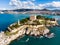 View from drone of Pigeon Island with medieval fort on Turkey's Aegean coast in Kusadasi