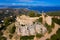 View from drone of remains of medieval castle of Begur, Catalonia, Spain