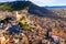 View from drone of Spanish city of Villena overlooking Castle de Atalaya