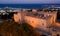 view from the drone to the Palace of the Grand masters , the evening sun sunset, island of Rhodes, Greece