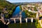 View from drone of Valentre bridge in Cahors, France