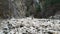 A view of the dry bed of a mountain river with huge stones and a rocky mountainside.