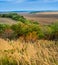 View through the dry grass of the road among arable autumn fields, beautiful hills with trees