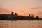 View of Dubai creek with lots of seagulls and at sunset