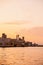 View of Dubai creek with lots of seagulls and at sunset