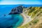 View of Durdle Door, a natural limestone arch on the Jurassic Coast near Lulworth in Dorset, England, UK