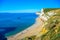 View of Durdle Door, a natural limestone arch on the Jurassic Coast near Lulworth in Dorset, England, UK