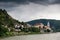 View of Durnstein town next to the Danube river