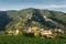 View of Durnstein through vineyards in summer evening. Lower Austria.