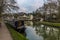 A view at dusk across the lower canal basin at Foxton Locks, UK looking towards the first lock