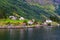 View of Dyrdal valley fjord shore Norwegian nature