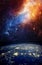 View of the Earth, star and galaxy. Sunrise over planet Earth, view from space. Concept on the theme of ecology, environment,