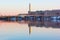 A view from the East Potomac Park on the National Monument, bridge and Gangplank Marina in spring