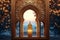 view Eid al Fitr background Islamic lantern, mosque, festive window concept