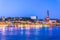 View of the Elbe riverside with the hamburger landungsbruecken building, saint michaelis church and the bismarck monument in