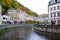 View of embankment of Tepla river and center of Karlovy Vary in autumn