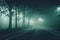 View empty foggy misty rainy highway road. Low poor visibility. Twilight. Generative Ai