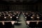 view of empty lecture hall, with rows of wooden chairs and a blackboard for note taking