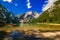 View of enchanted alpine lake: Braies Pragser Wildsee, Alto Adige, Italy