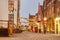 View at the entrance of the Roode Steen city center square with christmas decoration in the Dutch city of Hoorn, The Netherlands