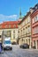 View of Erdody palace on Venturska Street left, spire of Saint Martin Cathedral from Panska street, Bratislava, Slovakia