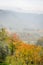 View of the Euganean Hills in autumn with fog and yellow vineyards - near Este, Padua