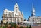 View of Europe square with the monument of Medea, the mansions with towers, Batumi, Adjara, Georgia