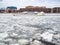 View of excursion boat on frozen Moskva River