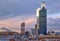 View of the Expocenter building in Moscow against the beautiful evening sky.