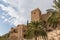 View at the exterior facade fortress tower at the Alcazaba of AlmerÃ­a, Alcazaba y Murallas del Cerro de San CristÃ³bal, fortified