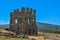 View at the exterior front facade of medieval Saint CornÃ©lio tower, iconic ruins monument building at the Belmonte village,