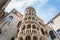 View with the facade and the spiral staircase (scala) of Palazzo Contarini del Bovolo in Venice, Italy