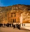 View of the facade of the Treasury building in the ancient Nabatean ruins of Petra, Jordan.