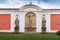 View on famous benedictine monastery of Broumov and the broumov walls in the background. Broumov, Hradec Kralove, Czech Republic.