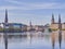 View of famous buildings Town Hall in center of Hamburg