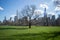 View of famous Central Park and New York skyline on a sunny day in early spring with bare tree, NY, USA