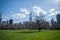 View of famous Central Park and New York skyline on a sunny day in early spring with bare tree, NY, USA