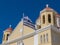 View of the famous Church of Saint Ekaterini Agia Ekaterini in Sitia with flag in Greece