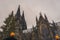 View of the famous Cologne Cathedral through decorated fir tree branches at a nearby Christmas market