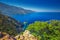 View from famous D81 coastal road with view of Golfe de Girolata from Bocca Di Palmarella, Corsica, France, Europe.