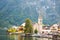 View of famous Evangelical Church of Hallstatt, Austria