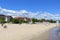 View on famous Grand Hotel from Sopot pier, sandy beach on the seashore, Baltic Sea, Sopot, Poland