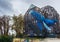 View of the famous mural of a giant blue wale on an abandoned old gray building in Zagreb, Croatia