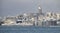 View of famous tourist place Galata tower, during cold winter day with many snow.