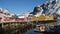 View of famous traditional multicolored wooden fishing houses rorbu