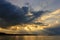 View of fantastic sky which has sunbeam and sand sucker boat in the sea ; Thailand