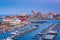 View of the Farley State Marina and skyline at night, in Atlantic City, New Jersey